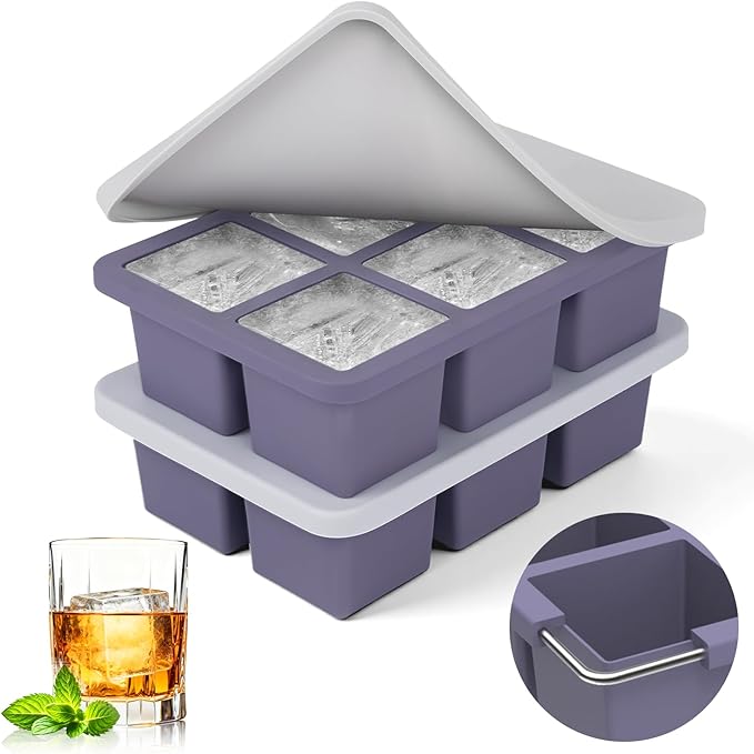 mossime Silicone Ice Cube Tray: 2pack Square Whiskey Large Ice Cube Molds - Old Fashioned Ice Cube Trays with Lid - 2inch Easy Release Big Freezer Mold for Cocktail Food Soup & Juice by mossime