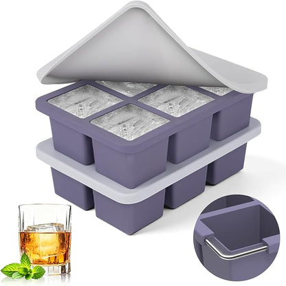 mossime Silicone Ice Cube Tray: 2pack Square Whiskey Large Ice Cube Molds - Old Fashioned Ice Cube Trays with Lid - 2inch Easy Release Big Freezer Mold for Cocktail Food Soup & Juice by mossime