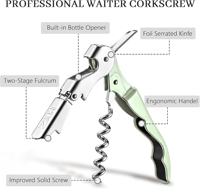 HYZ 2-Pack Wine Opener Waiter Corkscrew, Professional Wine Key for Servers, Bartender with Foil Cutter, Manual Wine Bottle Opener Double Hinged (Matcha Green) - Image 2