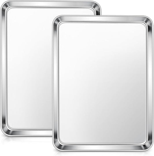 E-far Stainless Steel Baking Sheets, 12.4” x9.7” x 1” Baking Cookie Sheets Pans for Oven, Non-toxic Metal Trays for Cake Cookies, Healthy & Rust Free, Mirror Finish & Dishwasher Safe, 2 Pack by E-far
