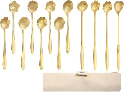 12 Pcs Flower Coffee Tea Spoons Set with Storage Bag, 4 Long & 8 Short Stainless Steel Teaspoons for Sugar Dessert Ice Cream Stirring, Cute Fancy Tableware for Tea Party Kitchen Cafe Bar(Gold)