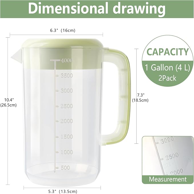 Clear Plastic Pitcher with Lid, 2 Pack Clear Water Pitcher for Cold Drinks, Iced Tea Pitcher for Lemonade, Iced Tea, Milk, Juice, Beverages (1 Gallon 4 Litre) - Image 3