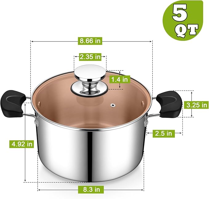 5 Quart 3-Ply Cooking Stock Pot with Lid, P&P CHEF Stainless Steel Large Pot for Pasta Soup, Work on Multi Stove, Heavy Duty & Dishwasher Safe, Dual Heat-resistant Handles & Brown Glass Lid - Image 2