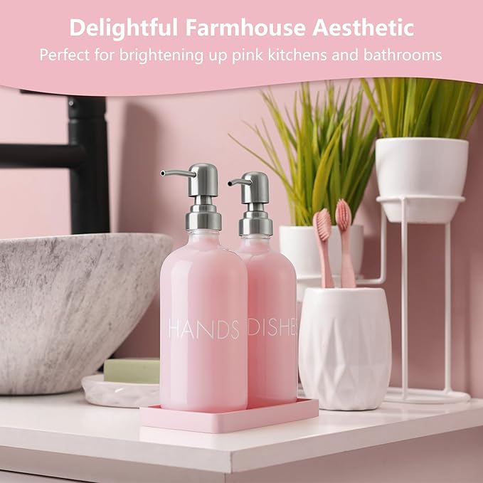 Pink Glass Dish and Hand Soap Dispenser Set - Kitchen Soap Dispenser with Tray and Stainless Steel Pump - for Modern Pink Kitchen Decor and Accessories