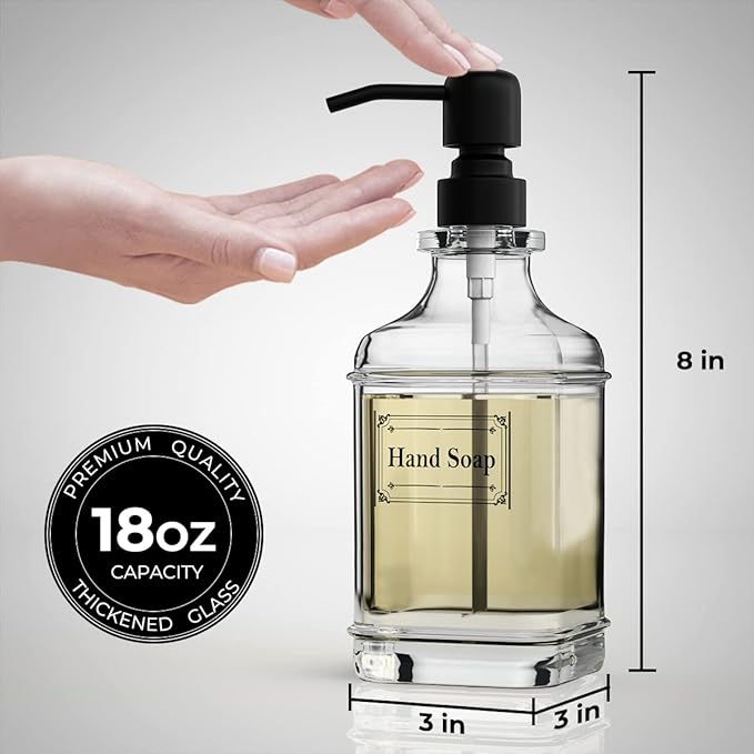 GLADPURE 2 Pack Soap Dispenser, 18 Oz Antique Design Thick Glass Hand Dispensers; with 304 Rust Proof Stainless Steel Pump, 6Pcs Clear Stickers, for Kitchen, Bathroom- Black - Image 4