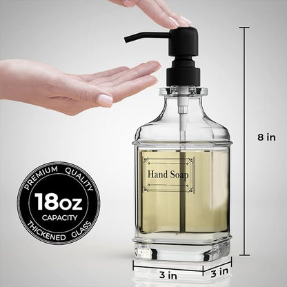GLADPURE 2 Pack Soap Dispenser, 18 Oz Antique Design Thick Glass Hand Dispensers; with 304 Rust Proof Stainless Steel Pump, 6Pcs Clear Stickers, for Kitchen, Bathroom- Black - Image 4