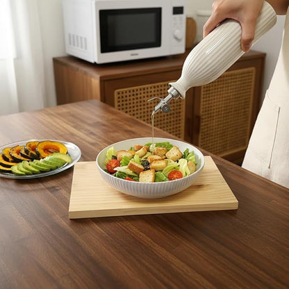 Ceramic Olive Oil Dispenser Bottle,17 oz Stoneware Relief oil container for kitchen with Stainless Gravity Spout, Suitable for Cooking,Sauce,syrup - Reactive White