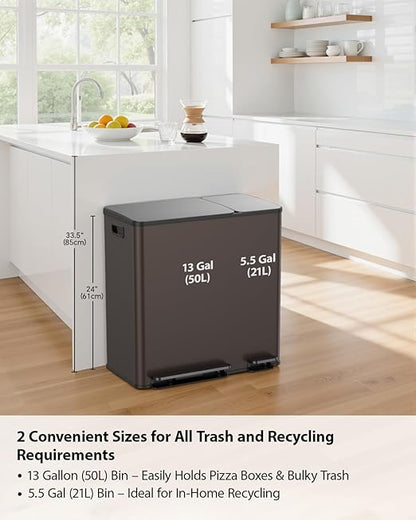 Lovewind Double Trash Can Kitchen, 13+5.5 Gallon Stainless Steel Dual Trash and Recycle Bin Combo with Silent Close Lid, Heavy-Duty Foot Pedal, Easy to Clean Garbage Can for Large Families, Brown