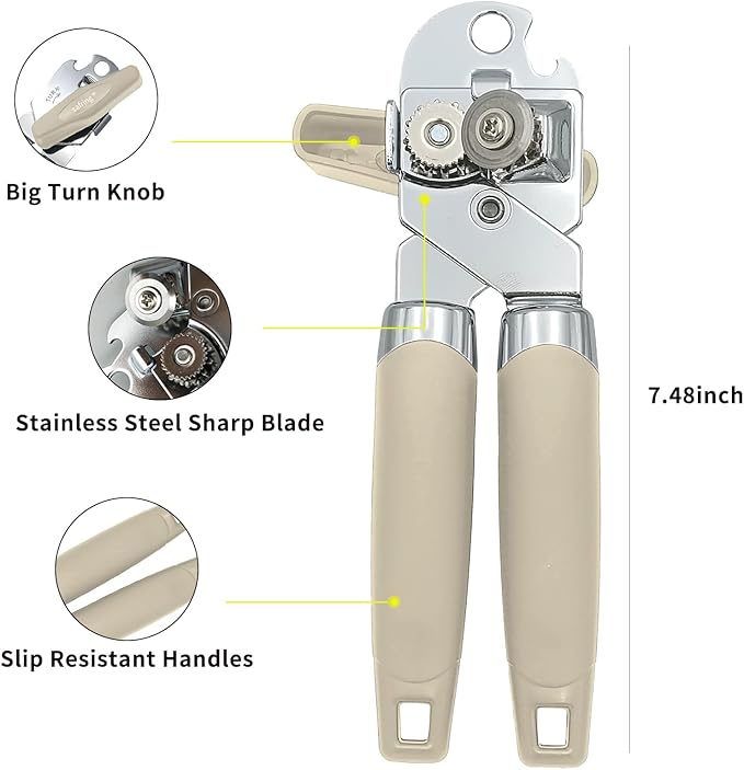 Safring Can Opener Manual, Handheld Strong Heavy Duty Stainless Steel Can Opener, Comfortable Handle, Sharp Blade Smooth Edge, Can Openers with Multifunctional Bottle Opener, Beige - Image 3