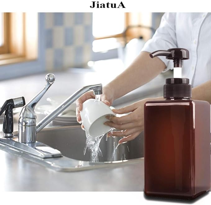 Pump Bottle, Refillable Plastic Empty Lotion Soap Dispenser Liquid Container for Bathroom Shampoo and Body Wash, 15oz/450ml Amber 2 Pack