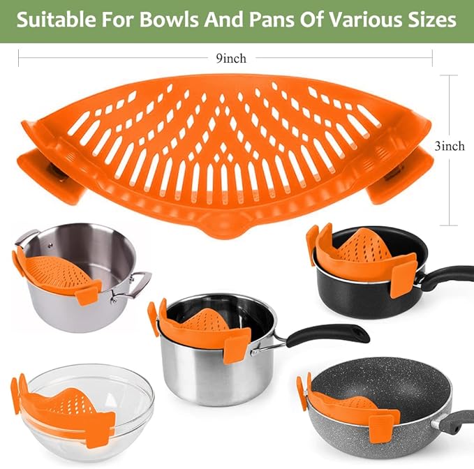 YEVIOR Clip on Strainer for Pots Pan Pasta,Silicone Food Strainer Hands-Free Pan Strainer, Clip-on Kitchen Food Strainer for Spaghetti, Pasta, Ground Beef Fits All Bowls and Pots (Orange) - Image 3