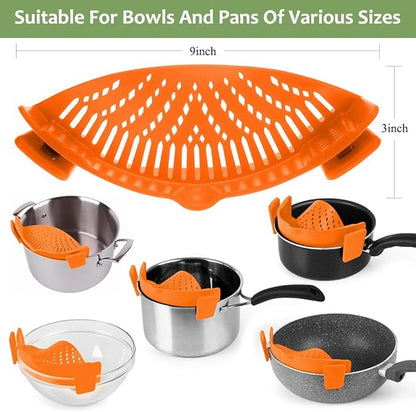 YEVIOR Clip on Strainer for Pots Pan Pasta,Silicone Food Strainer Hands-Free Pan Strainer, Clip-on Kitchen Food Strainer for Spaghetti, Pasta, Ground Beef Fits All Bowls and Pots (Orange) - Image 3