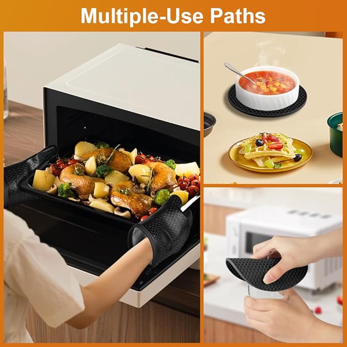 AUAUY Oven Mitts with 2 Pot Holders, Silicone Oven Gloves Heat Resistant 464°F, BBQ Gloves with Fingers, Non-Slip Oven Gloves, Cooking Gloves for Grilling Kitchen Baking Oven Microwave, Black - Image 6