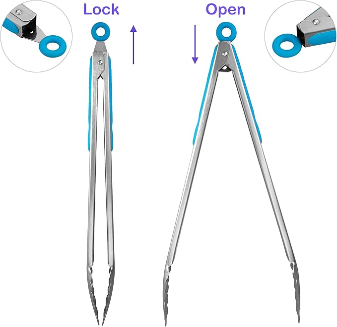304 Stainless Steel Kitchen Cooking Tongs, 14" and 16" Set of 2 Sturdy Grilling Barbeque Brushed Locking Food Tongs with Ergonomic Grip, Blue - Image 3