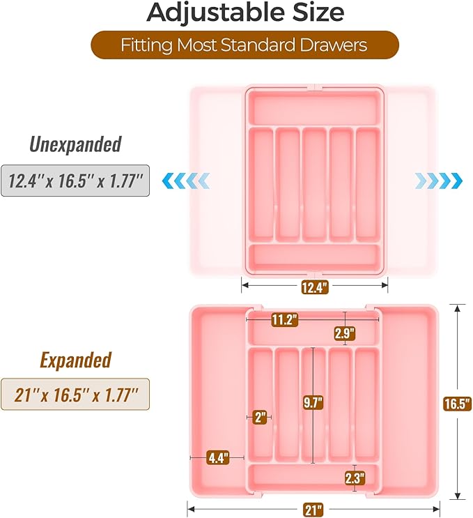 ukeetap Extra Large Expandable Silverware Organizer, BPA-Free Food-Safe Cutlery Flatware Organizer, Kitchen Utensil Drawer Organizer, Adjustable Silverware Holder for Spoons Forks Knives, Pink - Image 3