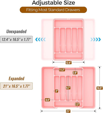 ukeetap Extra Large Expandable Silverware Organizer, BPA-Free Food-Safe Cutlery Flatware Organizer, Kitchen Utensil Drawer Organizer, Adjustable Silverware Holder for Spoons Forks Knives, Pink - Image 3