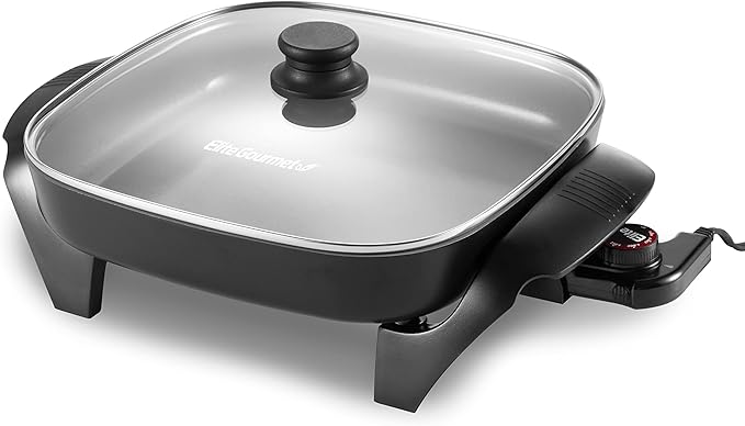 Elite Gourmet 12"x12"x2.15” Ceralast™ PFAS Free Ceramic Electric Skillet, Dishwasher Safe, Rapid Heat Up, 1200W, Dark Grey by EliteGourmet