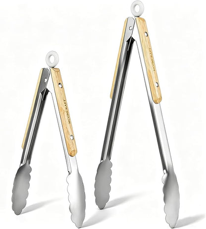 Stainless Steel Kitchen Tongs with Oak Wood Handle - Heat Resistant, Heavy Duty Locking Tongs for Cooking, BBQ, Salad, and Serving - Set of 2 (9" and 12") - Dishwasher Safe, Food Grade, No Rubber