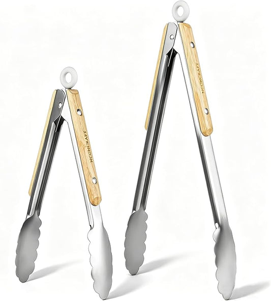 Stainless Steel Kitchen Tongs with Oak Wood Handle - Heat Resistant, Heavy Duty Locking Tongs for Cooking, BBQ, Salad, and Serving - Set of 2 (9" and 12") - Dishwasher Safe, Food Grade, No Rubber