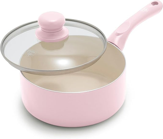 GreenLife 2 Quart Nonstick Saucepan with Lid, Non-Toxic Ceramic Pot, Dishwasher Safe, Stay-Cool Handle, Induction Ready, Fast Heating, PFAS/PFOA Free, Easy Clean, Blush Pink by GreenLife