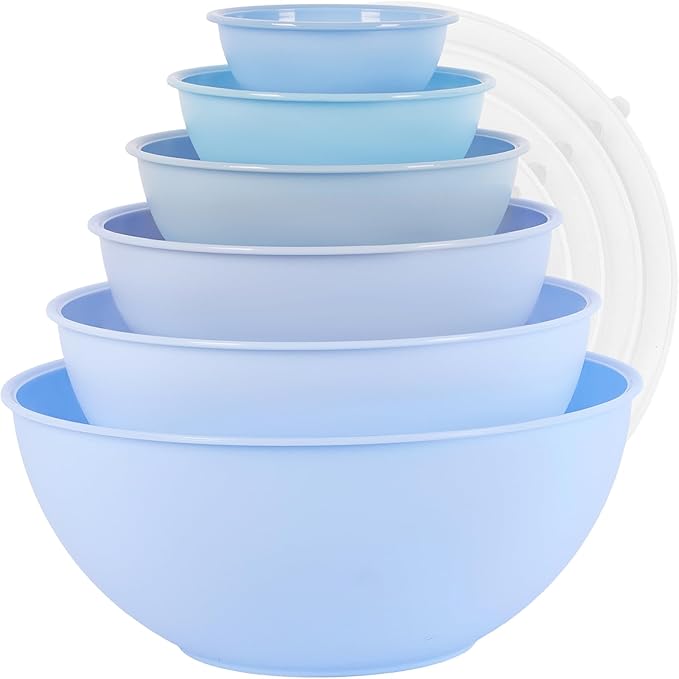 BoxedHome BPA Free Plastic Round Mixing Bowl with Lids, 12 Pack Nesting Bowls with Lids Set, Microwave and Dishwasher Safe Prep & Serving Bowls Great for Mixing, Baking, Serving (Pale Blue, 12pcs) by BoxedHomeProducts