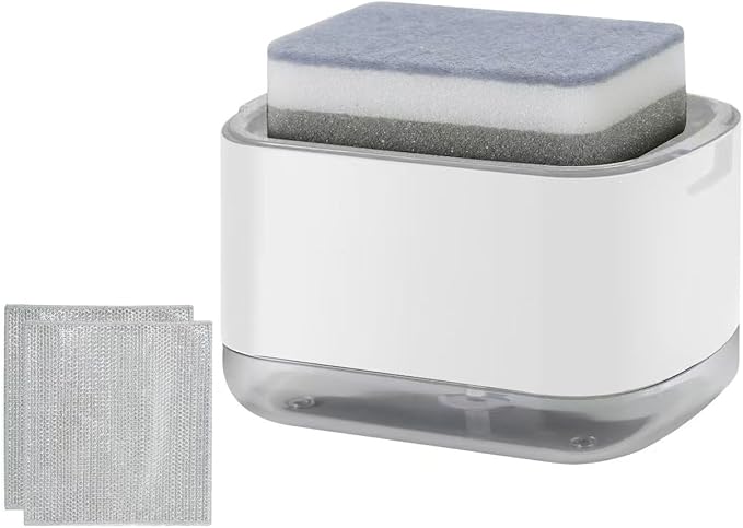 Kitchen Dish Soap Dispenser with Sponge Holder, 2-in-1 Countertop Soap Pump Dispenser, Soap Dispenser for Kitchen Sink with 2-Packs Wire Dishwashing Rag,White by Unknown