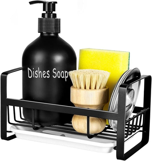TEZZ Sponge Holder for Kitchen Sink- Stainless Steel Kitchen Sink Caddy for Organizing Sponge, Brush & Soap Dish Dispenser, coutertop Organizer Rack with Adhesive or Counter top, Black by TEZZ