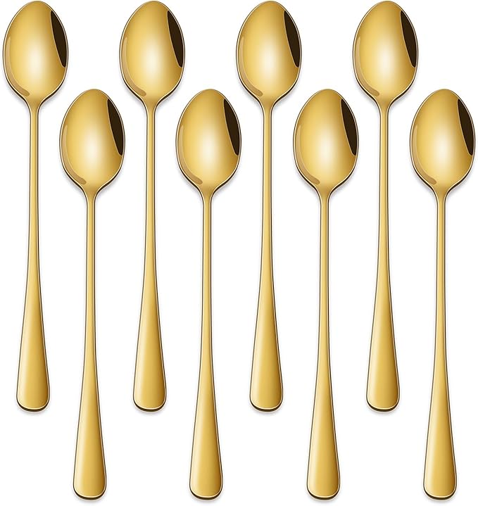 7.5 Inch Gold Iced Tea Spoons,Set Of 8 Stainless Steel Long Coffee Spoons,Long Handle Stirring Spoon For Dessert,Coctails,Ice Cream,Milk,Iced Teaspoons For Bar by DEHOVKitchen