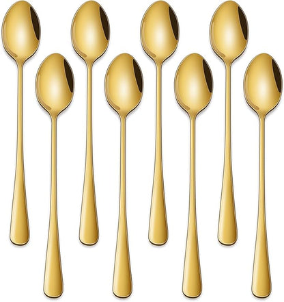 7.5 Inch Gold Iced Tea Spoons,Set Of 8 Stainless Steel Long Coffee Spoons,Long Handle Stirring Spoon For Dessert,Coctails,Ice Cream,Milk,Iced Teaspoons For Bar by DEHOVKitchen