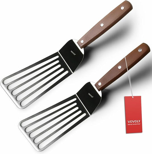 2 Pack Offset Fish Spatula Turner, Stainless Steel Slotted Spatulas for Flipping, Turning, Frying & Grilling, Offset Metal Slotted Spatulas, Wooden Full Tang Handle by VOVOLY