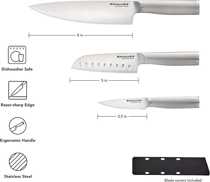 KitchenAid 3 Piece Forged Chef Knife Set High Carbon Japanese Steel, Includes 8 Inch Chef Knife, 5 Inch Santoku Knife, and 3.5 Inch Paring Knife with Blade Covers - Image 6
