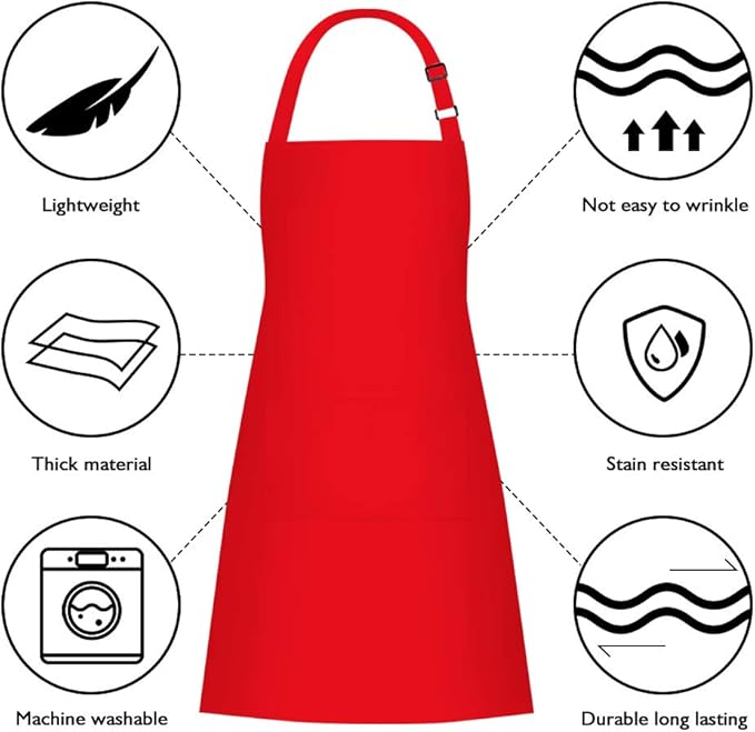 Jubatus 1 Pack Bib Aprons with 2 Pockets Cooking Chef Kitchen Apron for Women Men, Red - Image 6