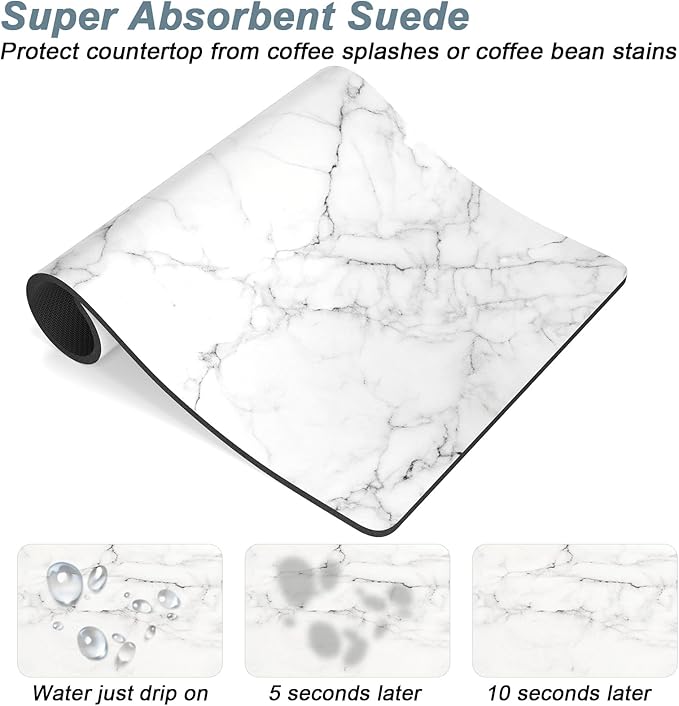 Rnivvi Coffee Mat, 12" x 19" Cute Marble Style Coffee Bar Mats for Espresso Machine Station Accessories and Organizer, Hide Stain Rubber Backed Absorbent Dish Drying Pad for Kitchen Counter,Gray White - Image 3