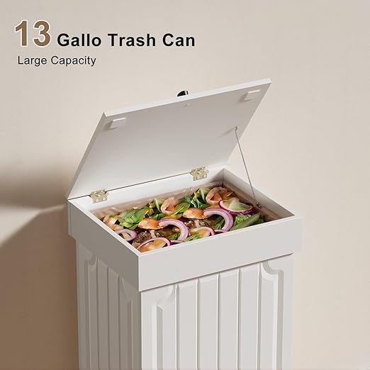 Povrgive Wood Trash Can Cabinet, 13 Gallon Hidden Kitchen Garbage Can with Lid, Farmhouse Dog Proof Trash Can, Metal Ring Included, 16" L x 13" W x 26.5" H, White - Image 7