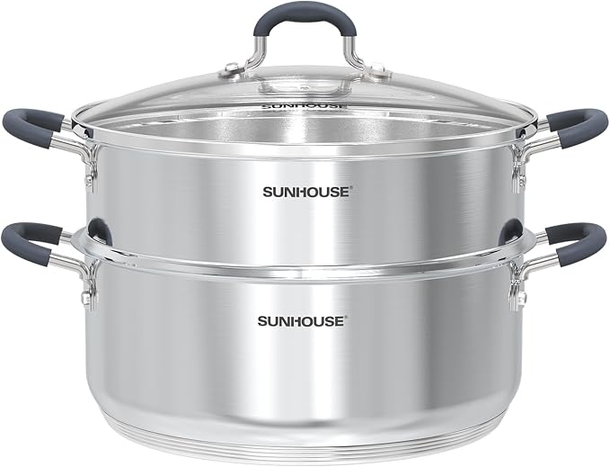 SUNHOUSE - 5.5 Quart Steamer Pots With Lid 2-Tier Multipurpose Stainless Steel Steaming Pot Cookware With Handle For Vegetable, Dumpling, Sauce, Food - Triple Bottom, Measurement Line by SUNHOUSE
