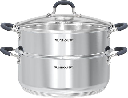 SUNHOUSE - 5.5 Quart Steamer Pots With Lid 2-Tier Multipurpose Stainless Steel Steaming Pot Cookware With Handle For Vegetable, Dumpling, Sauce, Food - Triple Bottom, Measurement Line by SUNHOUSE