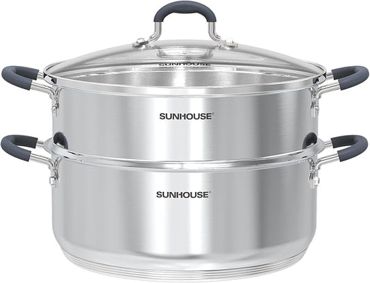 SUNHOUSE - 5.5 Quart Steamer Pots With Lid 2-Tier Multipurpose Stainless Steel Steaming Pot Cookware With Handle For Vegetable, Dumpling, Sauce, Food - Triple Bottom, Measurement Line by SUNHOUSE