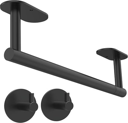 Paper Towel Holder Under Cabinet, Self Adhesive or Wall Mounted SUS304 Stainless Steel Paper Towel Holder for Kitchen, Bathroom(2 Towel Hooks, Matte Black) by WZKALY