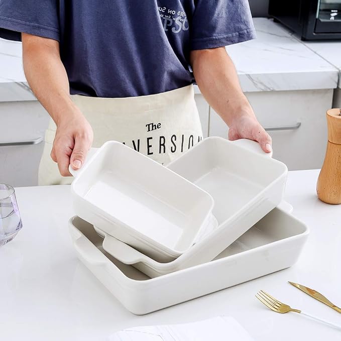 KOOV Bakeware Set, Ceramic Baking Dish Set, Rectangular Casserole Dish Set, lasagna Pan, Baking Pans Set for Cooking, Cake Dinner, Kitchen, 9 x 13 Inches, 3-Piece (Set of 3, White) - Image 4