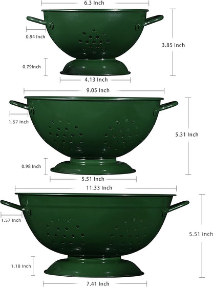 Metal Colander Set of 3, Strainer Basket with Handles perfect for Spaghetti, Pasta, Berry, Vegetable, Fruit, Solid Base Powder Coated Kitchen Essential Strainer Set, 1 & 3.5 & 5 Qt (Dark Green) - Image 2