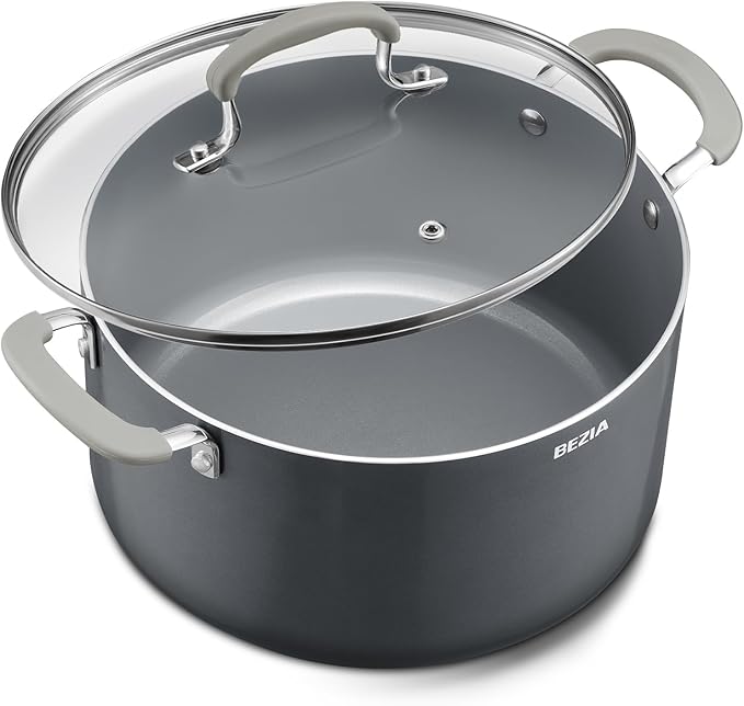 10 Quart Nonstick Stock Pot with Lid - BEZIA Ceramic Large Soup Pot, Big Pot with Silicone Handles, Easy Cleanup, Compatible with All Cooktops, Perfect for Roasts, Large Batches & Holiday Cooking by BEZIA