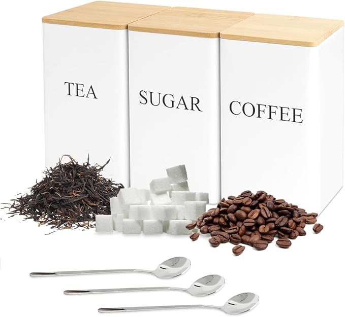 3 Pcs Tea Coffee Sugar Canisters, Black Metal Canister Storage Jar Container Set, Food Storage With 3 Spoons, Rust Resistant Powder Coated Iron Caddies for Kitchen Worktop Organizer (White) by DIBALIYI