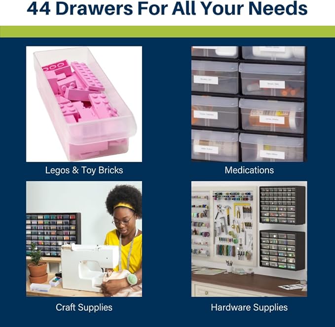 Akro-Mils 44-Drawer Plastic Drawer Storage Cabinet for Garage Organization, Bead Organizer, Building Bricks Storage, Teacher Toolbox, Makeup Organizer, 20" W x 6" D x 16" H, 10144 Black (Pack of 2) - Image 5