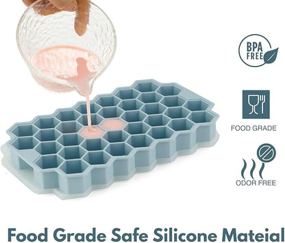 2 Pack Small Silicone Ice Cube Trays for Freezer with Lids, Emptycolor Honeycomb Ice Molds, Easy-Release Reusable Ice Maker Tray for Drinks, Coffee, Whiskey, Round & Pebble Ice Cubes, Blue Green