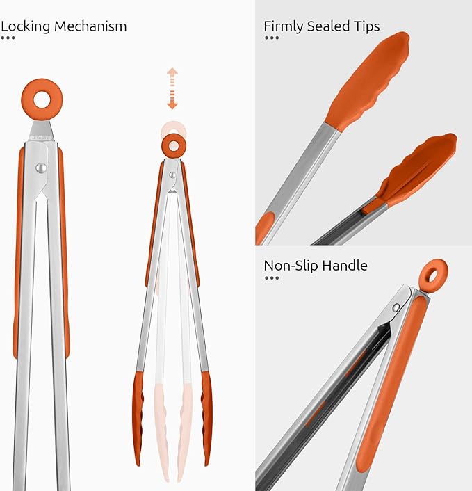 600ºF Heat Resistant Kitchen Tongs: U-Taste 9+12 inch Silicone Cooking Tong Set with Firm Sealed Non Stick Rubber Tips and Silicon Coated 18/8 Stainless Steel Handle for Serving Grilling Salad(Orange) - Image 6