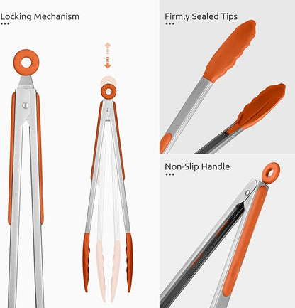 600ºF Heat Resistant Kitchen Tongs: U-Taste 9+12 inch Silicone Cooking Tong Set with Firm Sealed Non Stick Rubber Tips and Silicon Coated 18/8 Stainless Steel Handle for Serving Grilling Salad(Orange) - Image 6