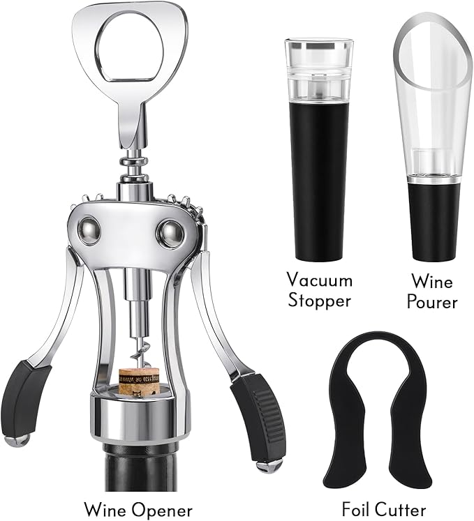 KORCCI Multifunctional Wine Bottle Opener Gift Set - Heavy-Duty Zinc Alloy Wing Corkscrew, Foil Cutter, Vacuum Stopper & Aerator Pourer for Kitchen, Bar, Restaurant, Bartenders - Image 2