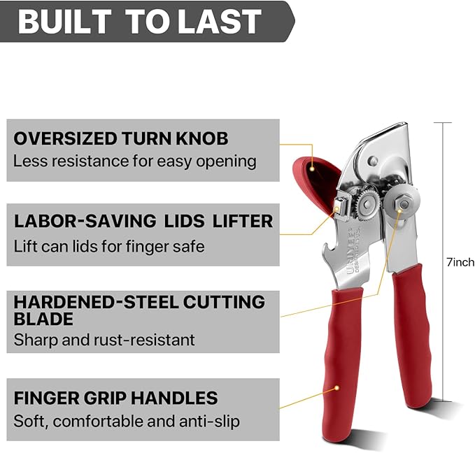 Can Opener Manual Heavy Duty, UHIYEE Hand Held Can Openers for Seniors with Comfort Grip Sharp Blade, Solid Steel Hand Manual Can Open with Magnet for Kitchen Camping, Red - Image 2