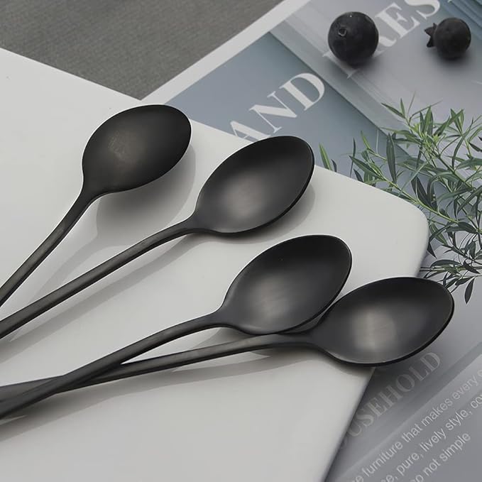 IQCWOOD Long Handle Ice Tea Spoons, 9-inch Black Coffee Stirrers, Stainless Steel Coffee Bar Spoon, Long Tea Spoon Cocktail Spoons for Stirring, Set of 4
