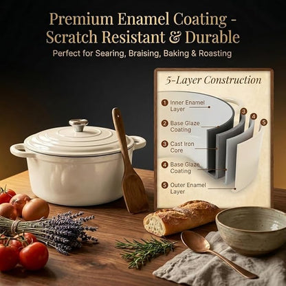 Nonstick Enameled Cast Iron Cookware Set - 8 Piece Pots and Pans with Lid, Frying Pan, Skillet, Dutch Oven Set for All Stovetops, Ideal for Sourdough Bread Baking, Comes with Organizer, Cream White
